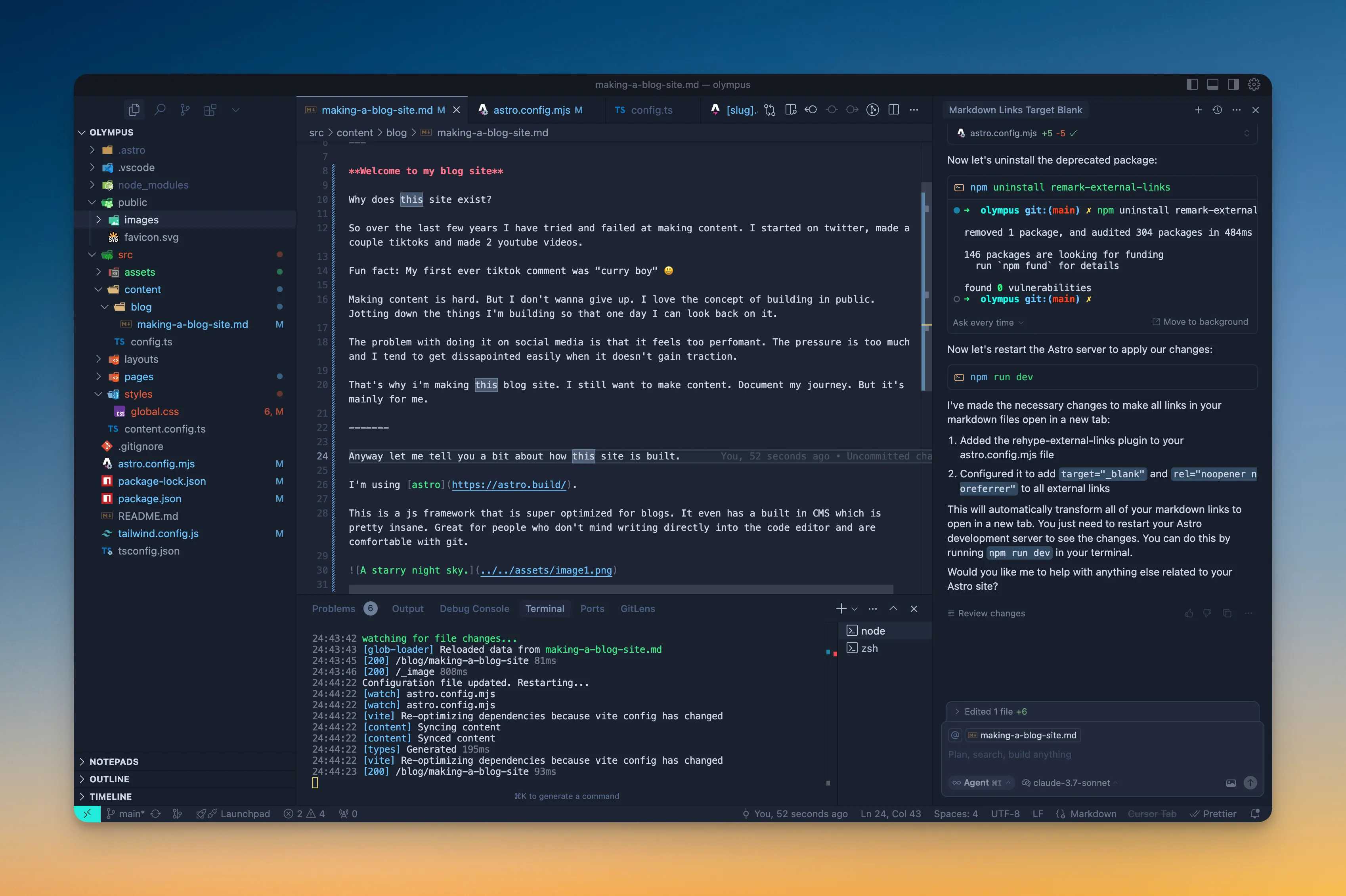 Image of my blog in the code editor